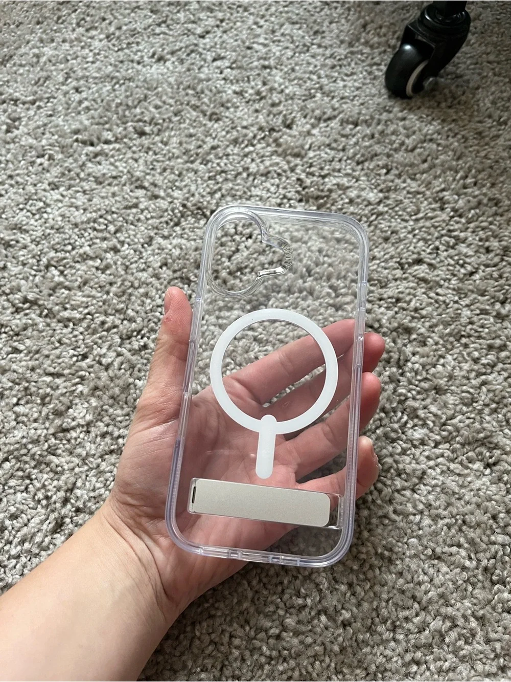 Clear MagSafe-Compatible Phone Case with White Ring and Silver Kickstand